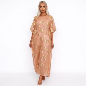 Kaftan Caftan Maxi Dress 1 Size Peach BOHO Gold Paisley Embellished Square Neck